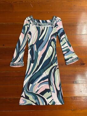 Emilio Pucci #16RI80 Italy Abstract Print Sheath Dress Bell Sleeve IT 38 US 4